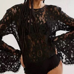Free People Intimately Better With Time Lace Bodysuit Bell Sleeve Black XL NWT